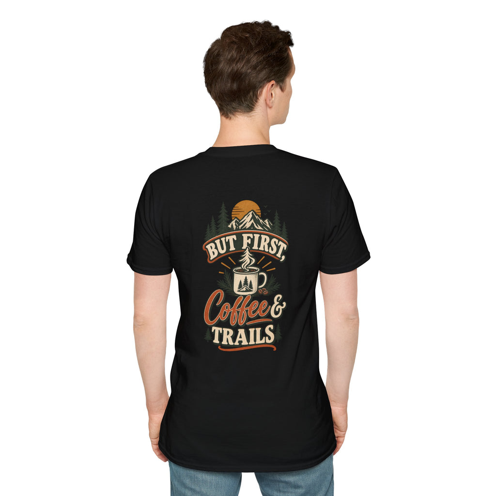 But First Coffee & Trails T-Shirt — Outdoor Coffee Lover Graphic Tee
