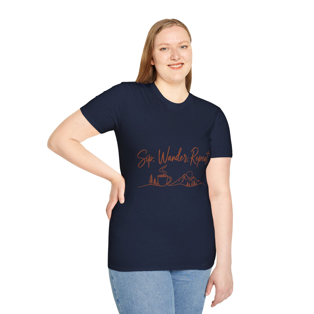 Sip. Wander. Repeat. T-Shirt — Adventure Coffee Graphic Tee