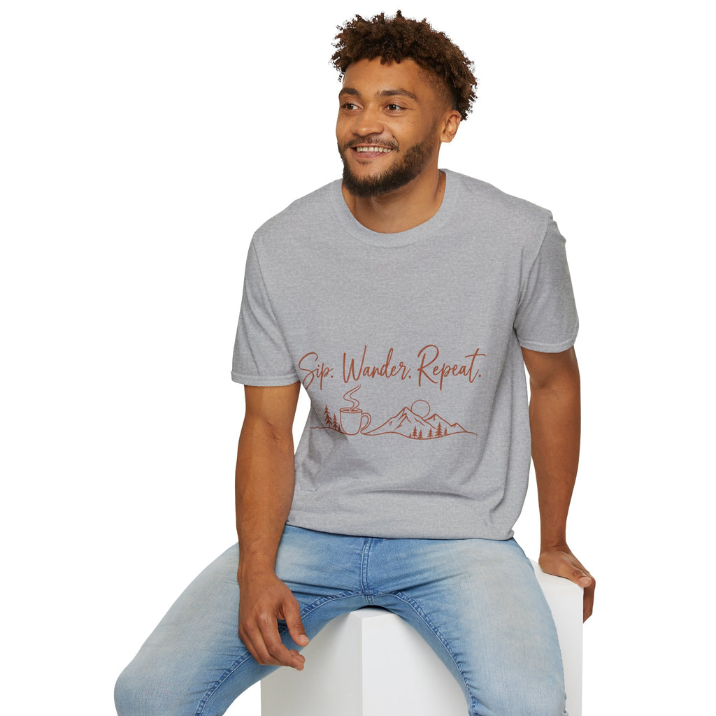 Sip. Wander. Repeat. T-Shirt — Adventure Coffee Graphic Tee