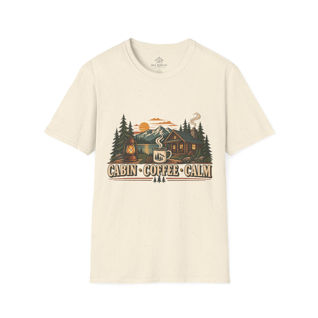 Cabin Coffee Calm T‑Shirt — Rustic Cabin Coffee Nature Tee