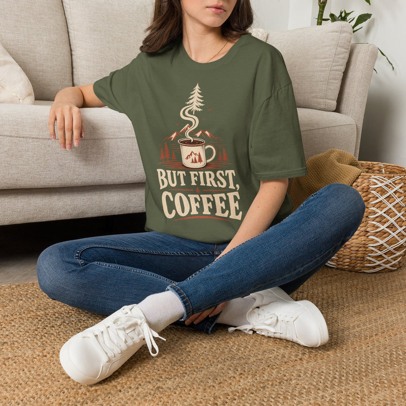 But First Coffee T-Shirt — Vintage Camping Coffee Graphic Tee