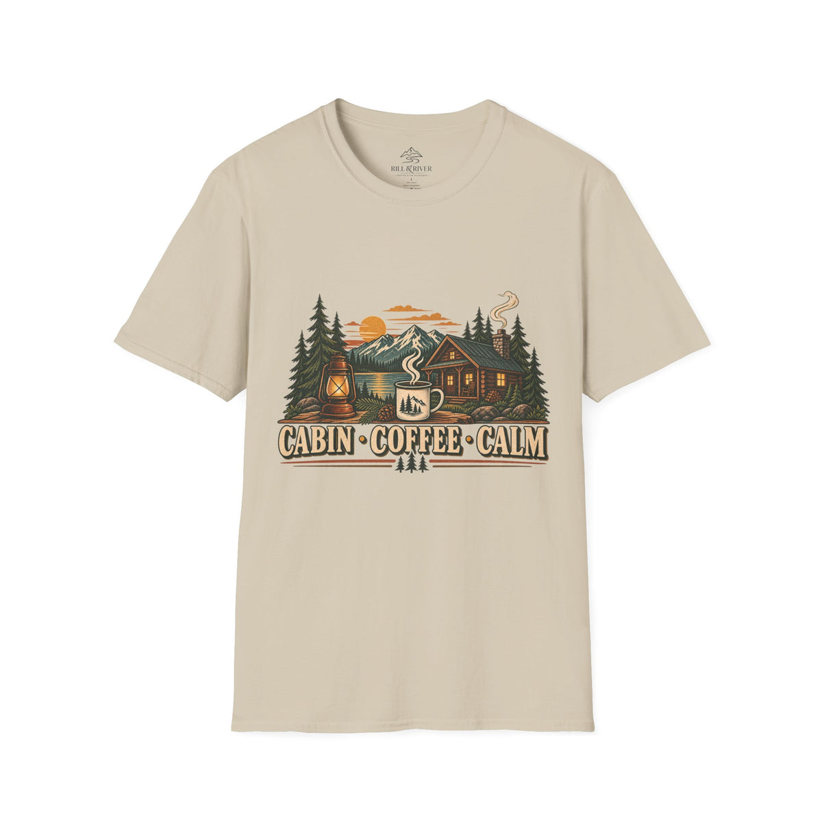 Cabin Coffee Calm T‑Shirt — Rustic Cabin Coffee Nature Tee