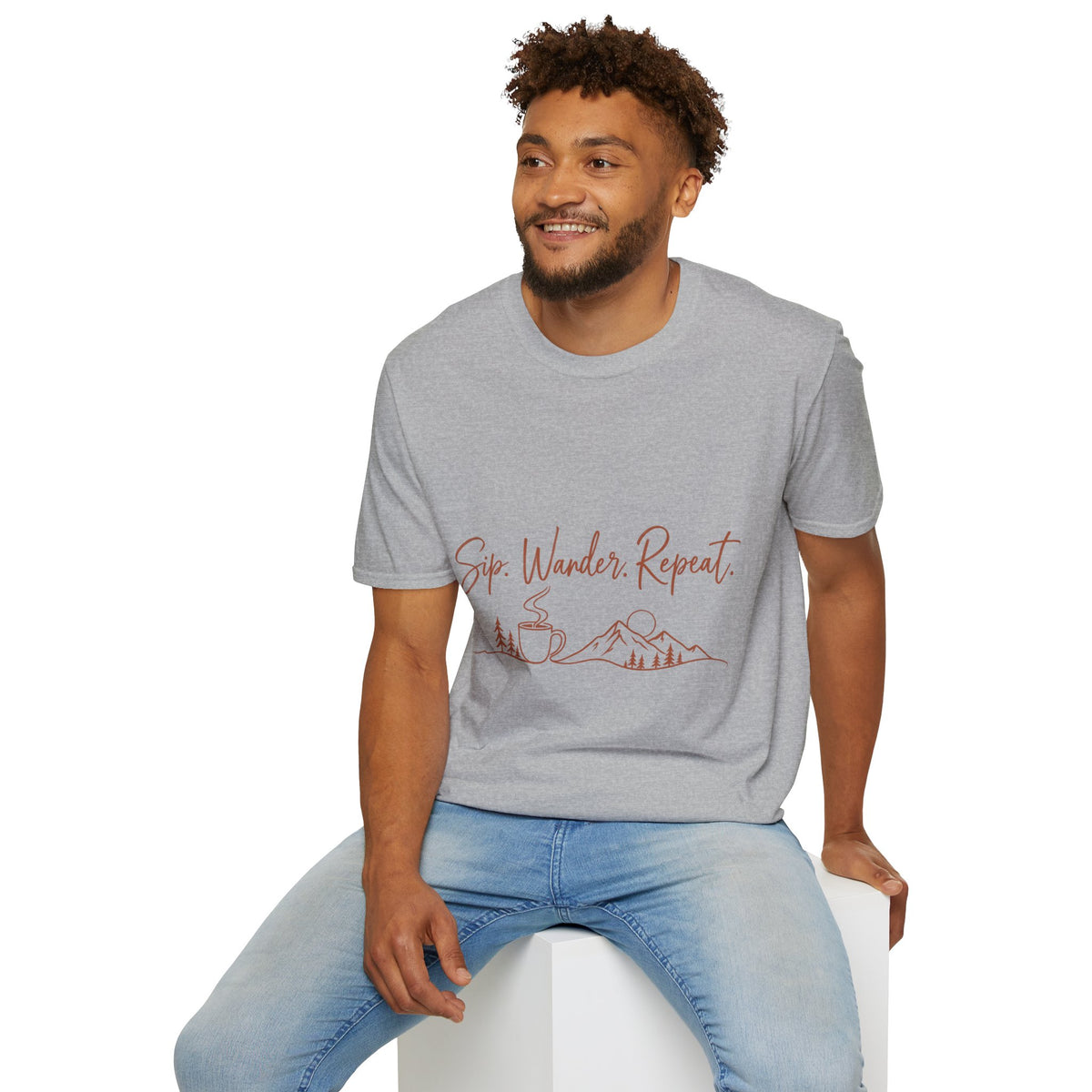 Sip, Wander, Repeat T-Shirt — Scenic Coffee & Mountain Travel Tee