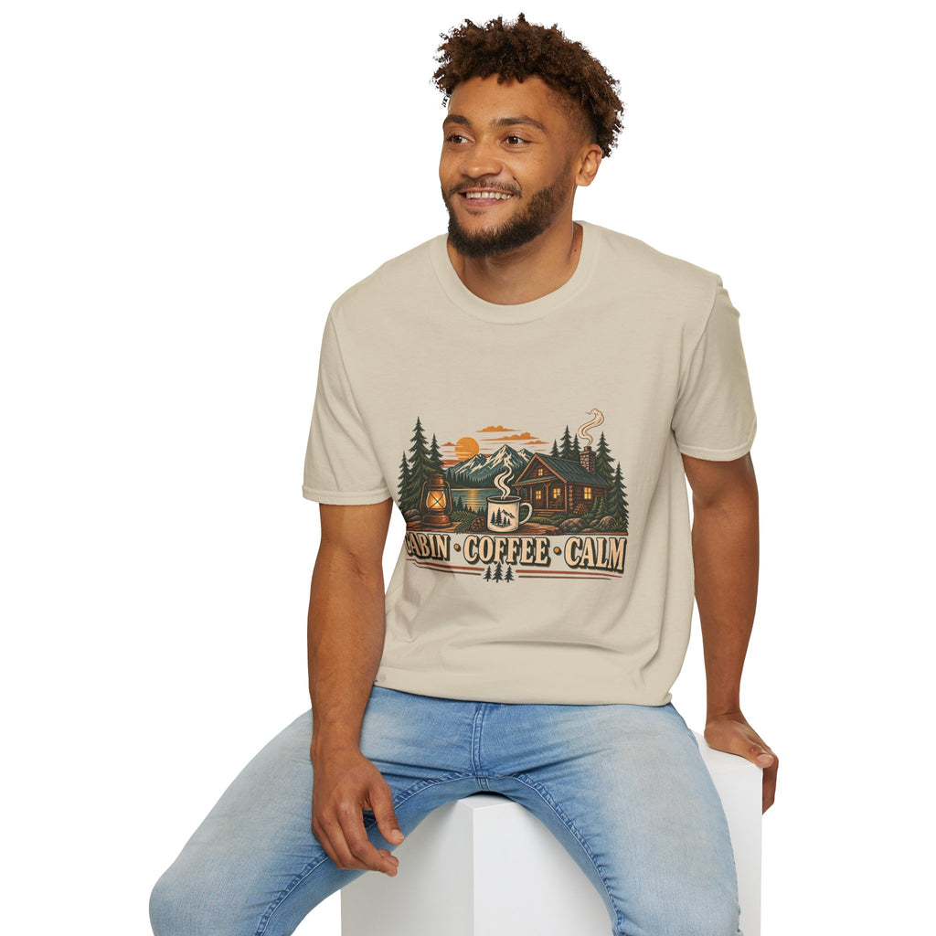 Cabin • Coffee • Calm T-Shirt — Rustic Cabin Coffee Graphic Tee