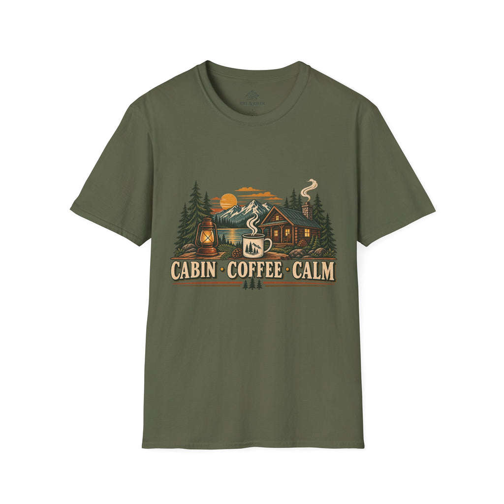 Cabin Coffee Calm T‑Shirt — Rustic Cabin Coffee Nature Tee