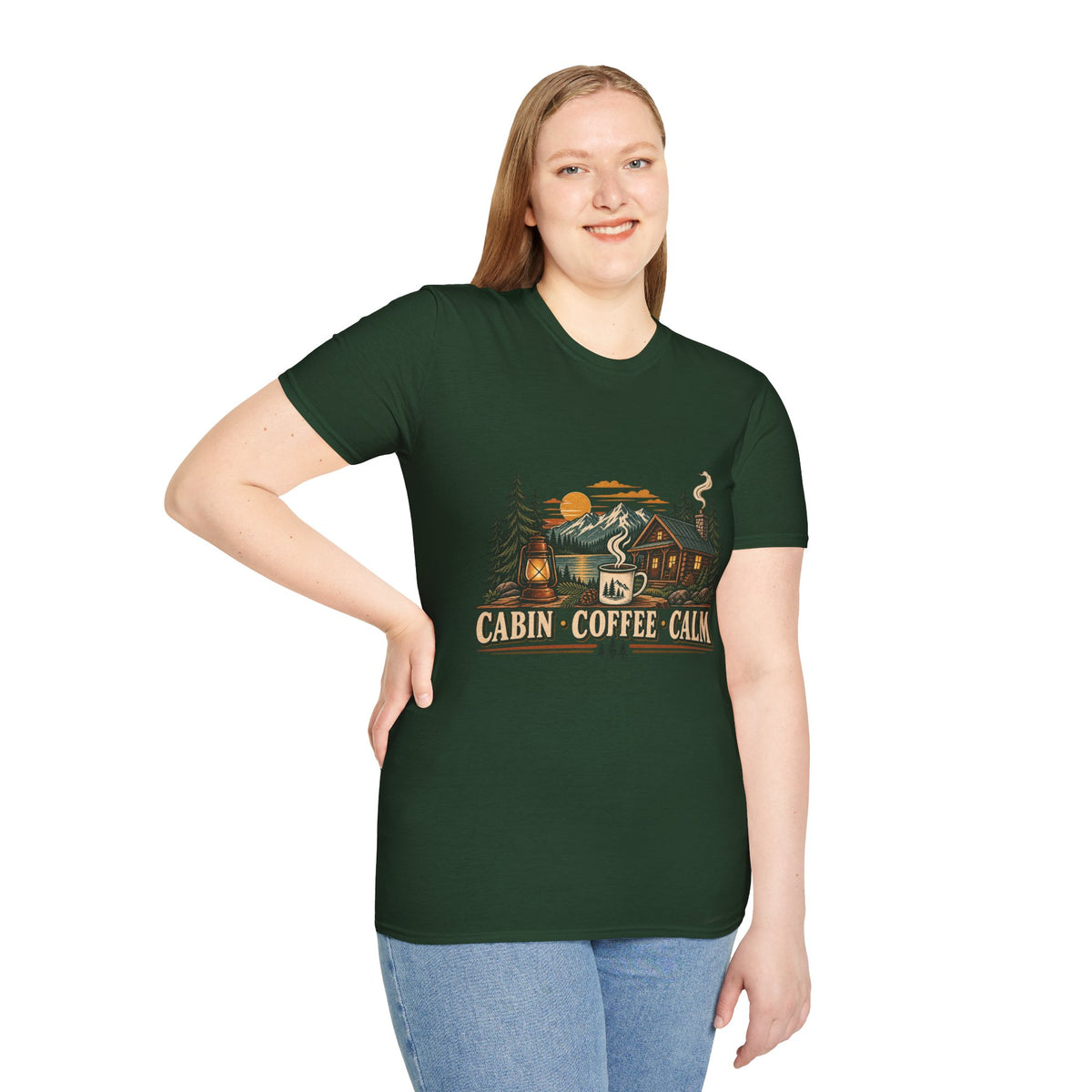 Cabin • Coffee • Calm T-Shirt — Rustic Cabin Coffee Graphic Tee
