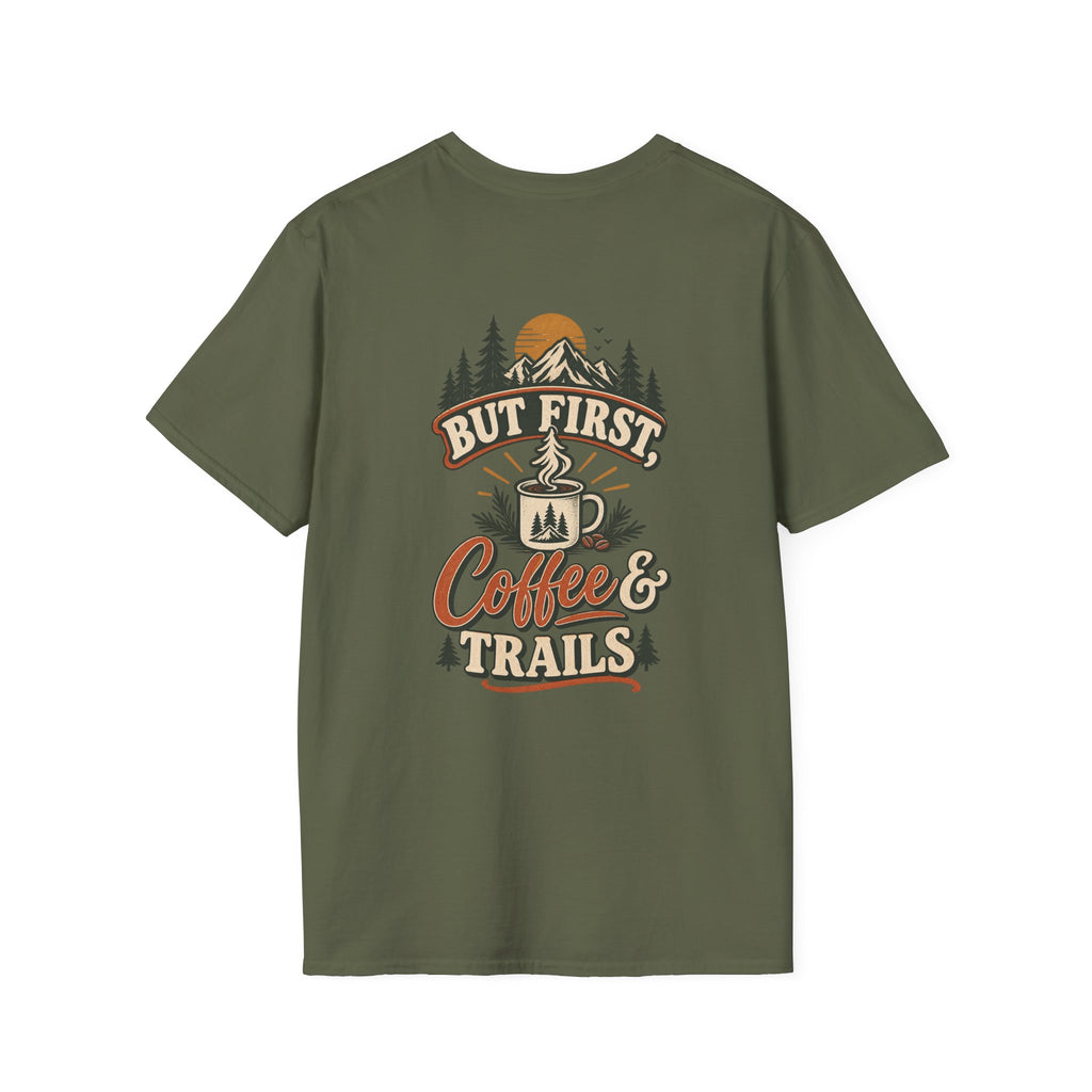 But First Coffee & Trails T-Shirt — Outdoor Coffee Lover Graphic Tee