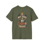But First Coffee & Trails T-Shirt — Outdoor Coffee Lover Graphic Tee