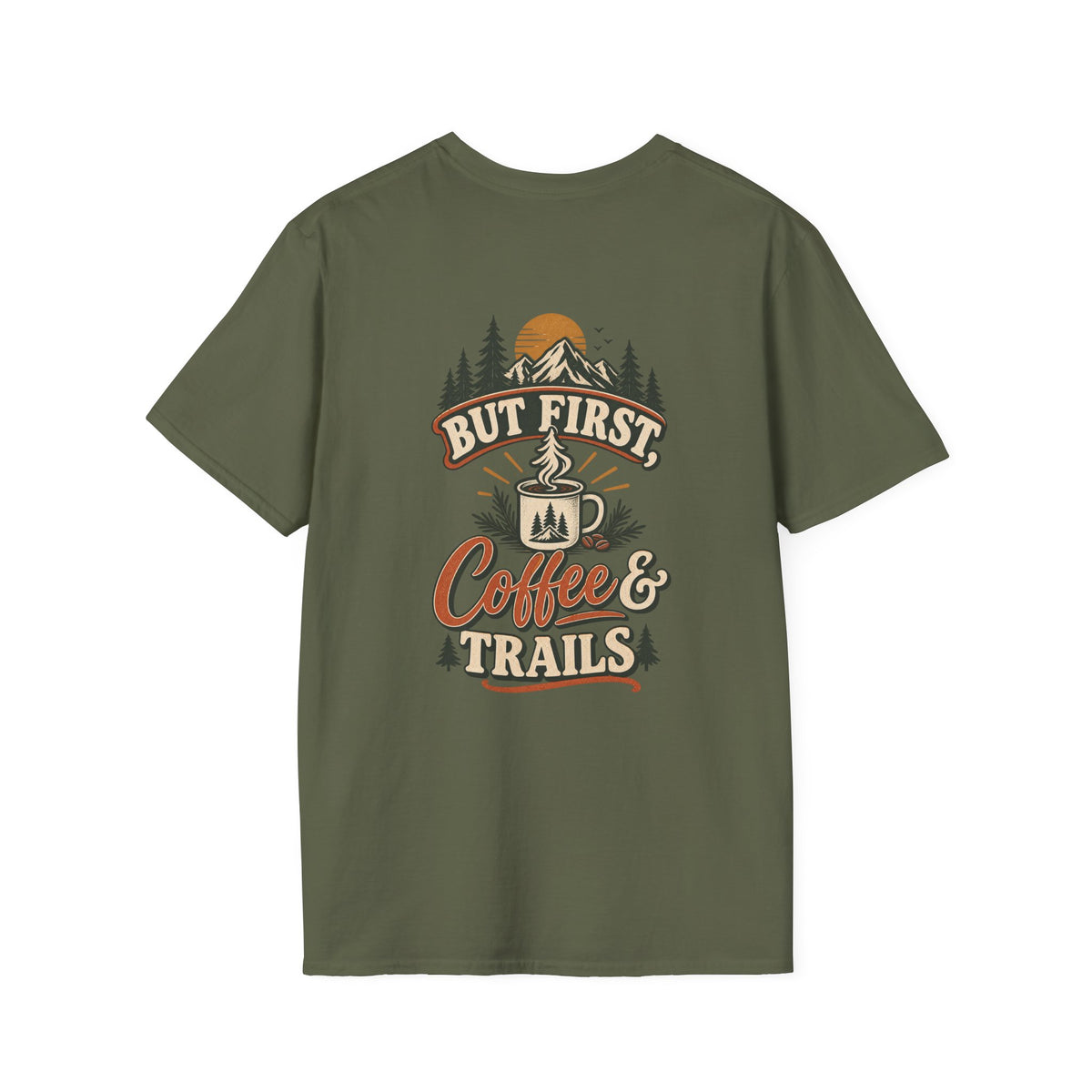 But First Coffee & Trails T-Shirt — Outdoor Coffee Lover Graphic Tee