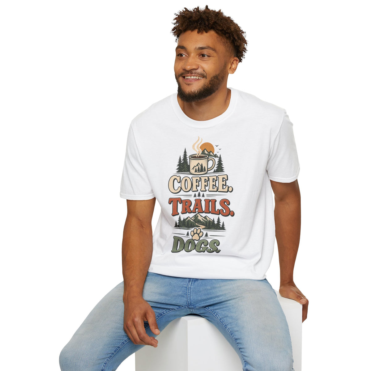 Coffee. Trails. Dogs. T-Shirt — Outdoor Coffee & Hiking Dog Tee