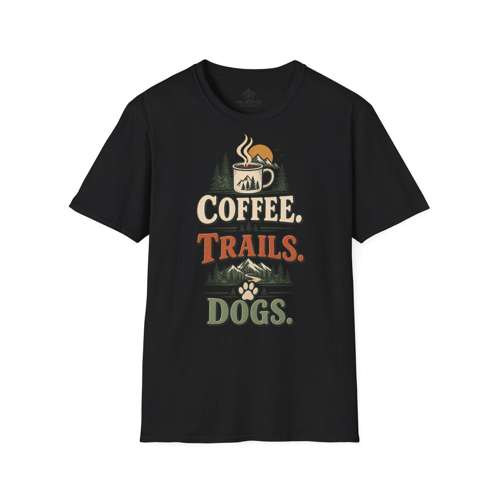 Coffee. Trails. Dogs. T-Shirt — Outdoor Coffee & Hiking Dog Tee