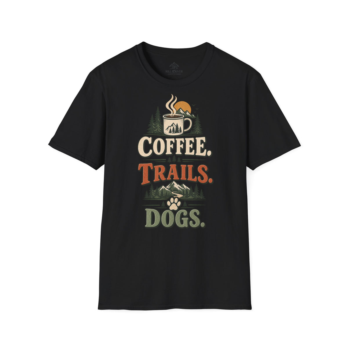 Coffee. Trails. Dogs. T-Shirt — Outdoor Coffee & Hiking Dog Tee