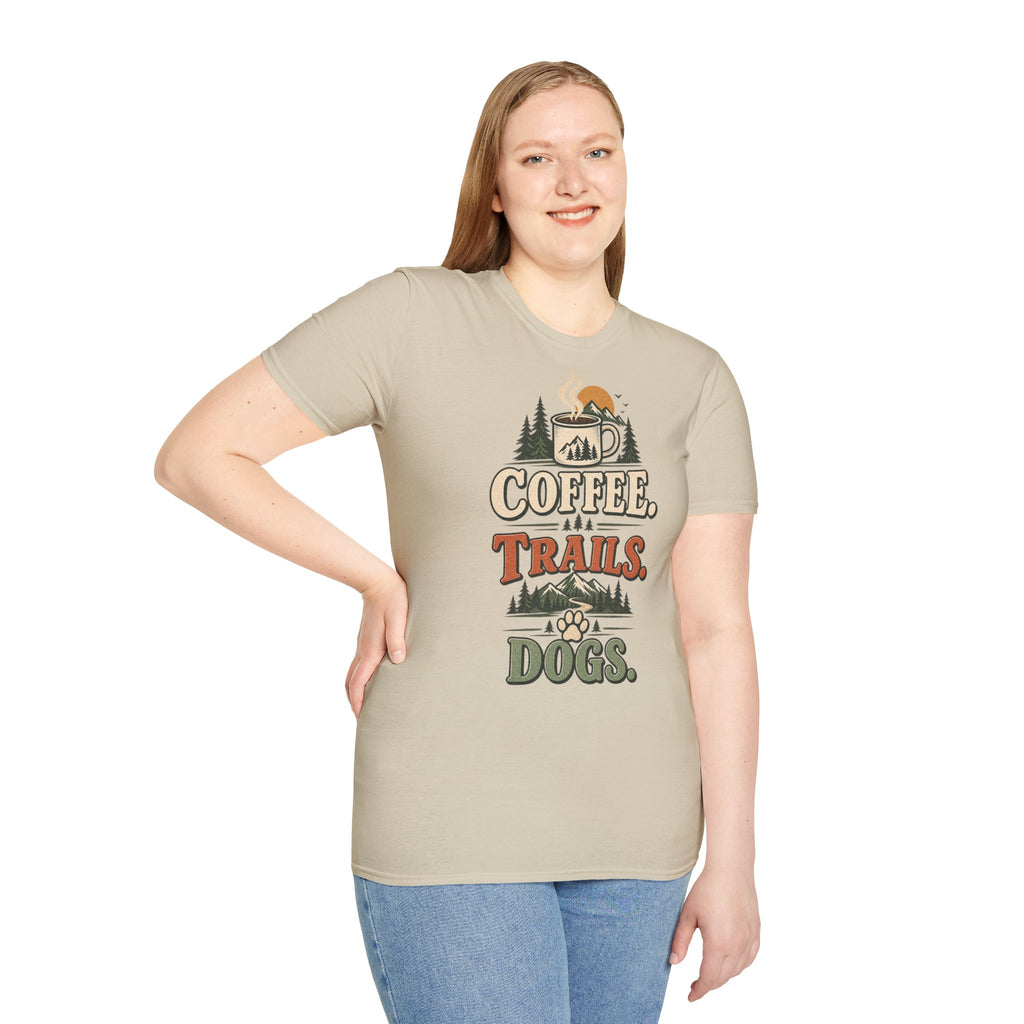 Coffee. Trails. Dogs. T-Shirt — Outdoor Coffee & Hiking Dog Tee
