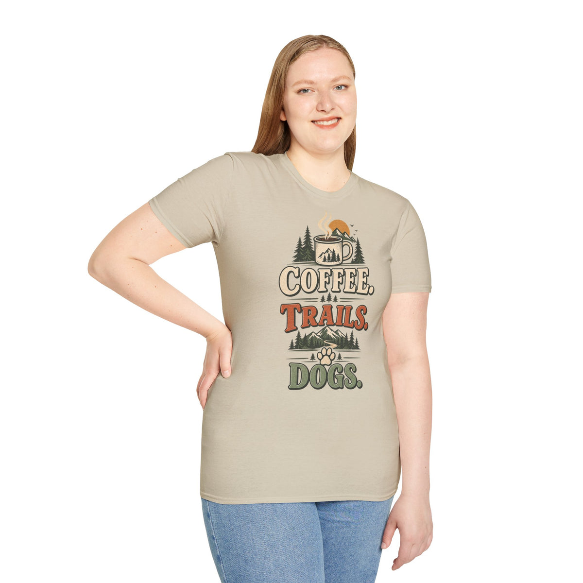 Coffee. Trails. Dogs. T-Shirt — Outdoor Coffee & Hiking Dog Tee