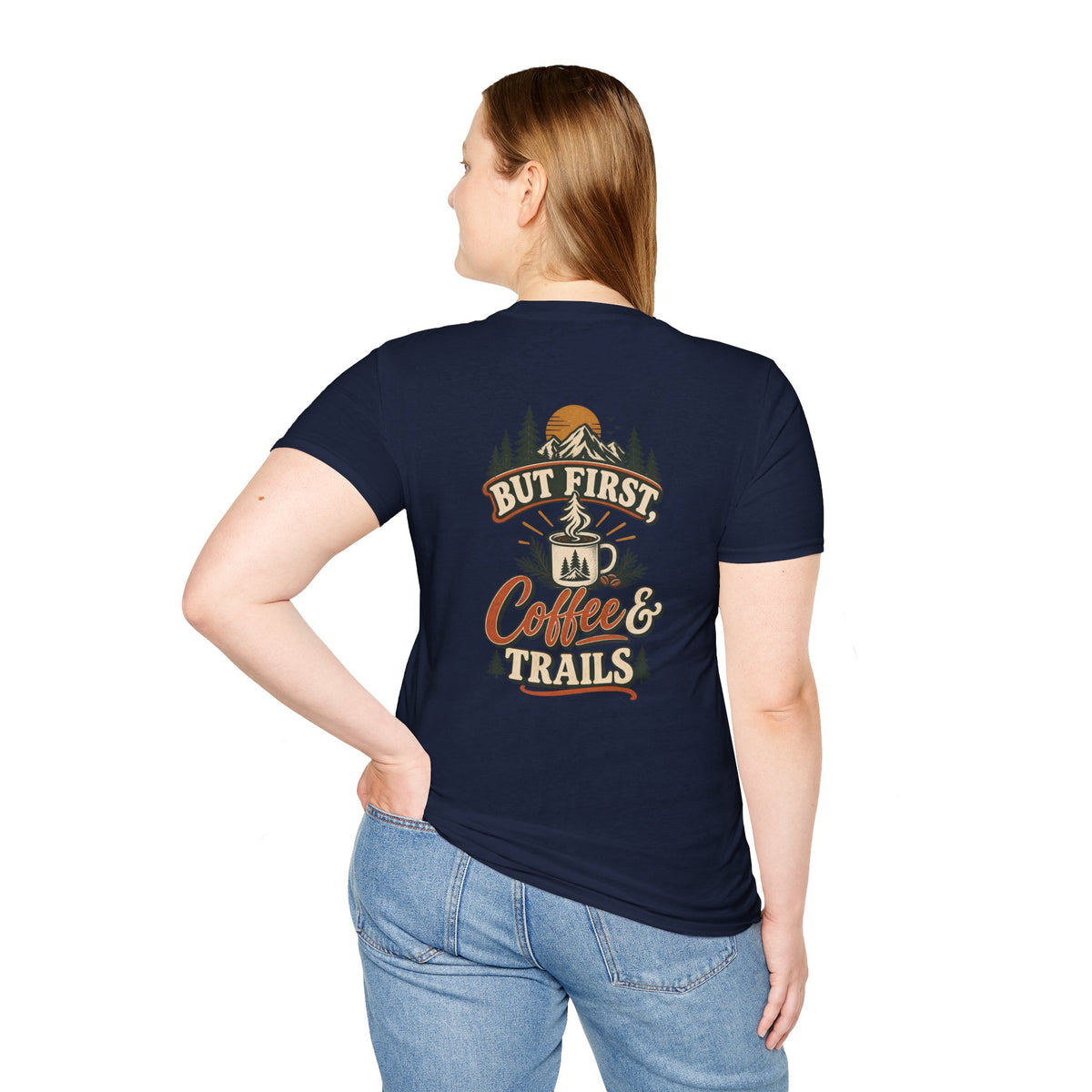 But First Coffee & Trails T-Shirt — Outdoor Coffee Lover Graphic Tee