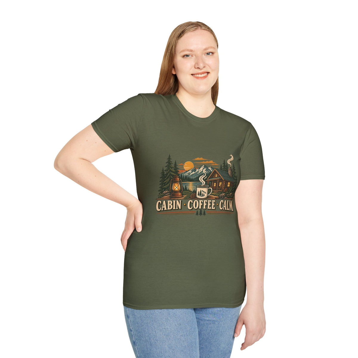 Cabin • Coffee • Calm T-Shirt — Rustic Cabin Coffee Graphic Tee