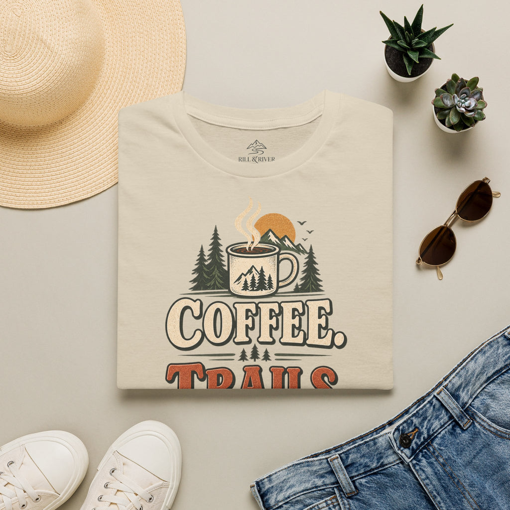 Coffee. Trails. Dogs. T-Shirt — Outdoor Coffee & Hiking Dog Tee