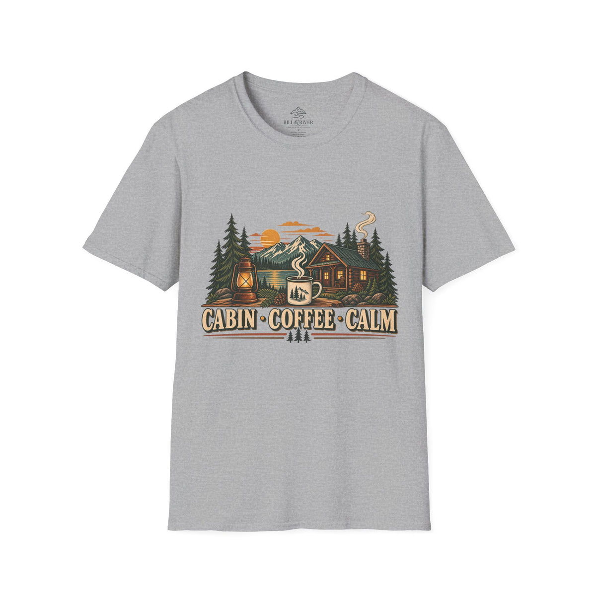 Cabin Coffee Calm T‑Shirt — Rustic Cabin Coffee Nature Tee