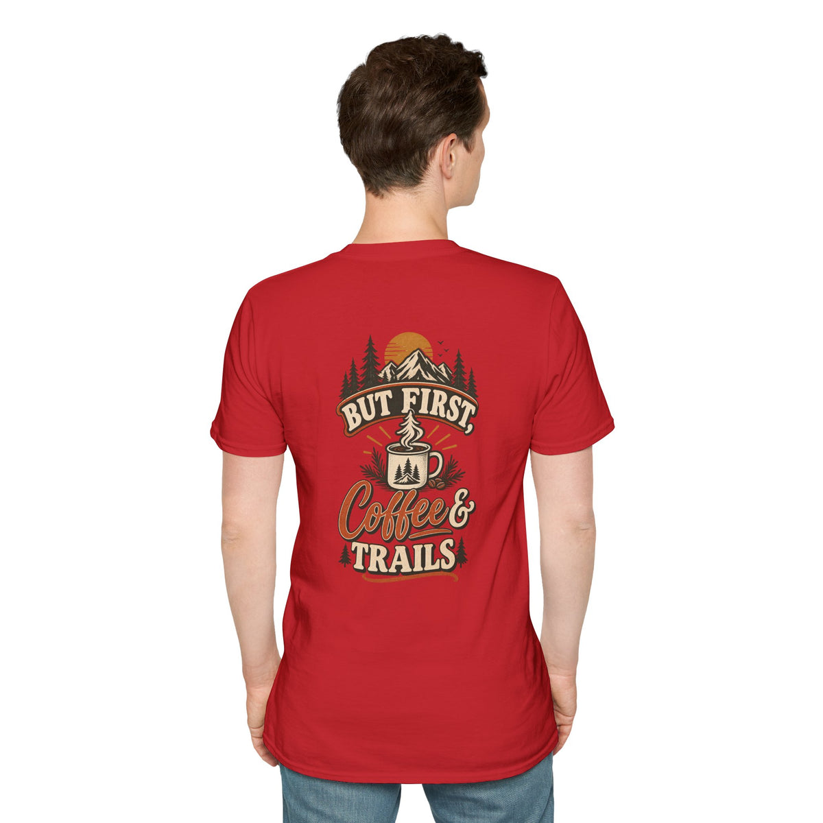 But First Coffee & Trails T-Shirt — Outdoor Coffee Lover Graphic Tee