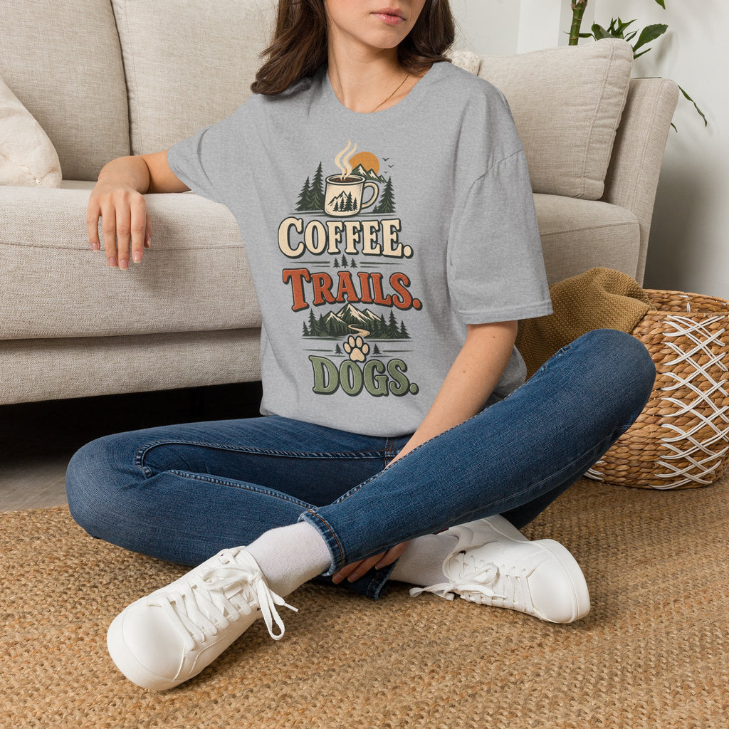 Coffee. Trails. Dogs. T-Shirt — Outdoor Coffee & Hiking Dog Tee