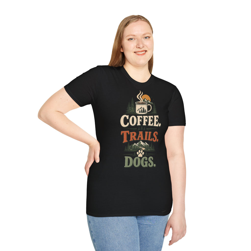 Coffee. Trails. Dogs. T-Shirt — Outdoor Coffee & Hiking Dog Tee