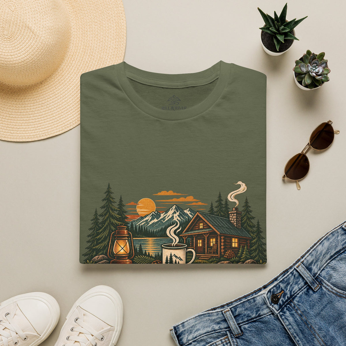 Cabin Coffee Calm T‑Shirt — Rustic Cabin Coffee Nature Tee