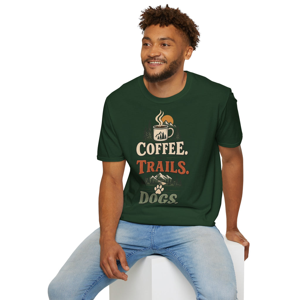 Coffee. Trails. Dogs. T-Shirt — Outdoor Coffee & Hiking Dog Tee
