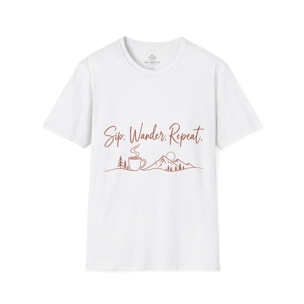 Sip, Wander, Repeat T-Shirt — Scenic Coffee & Mountain Travel Tee