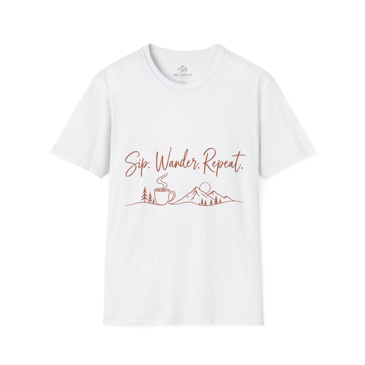 Sip, Wander, Repeat T-Shirt — Scenic Coffee & Mountain Travel Tee