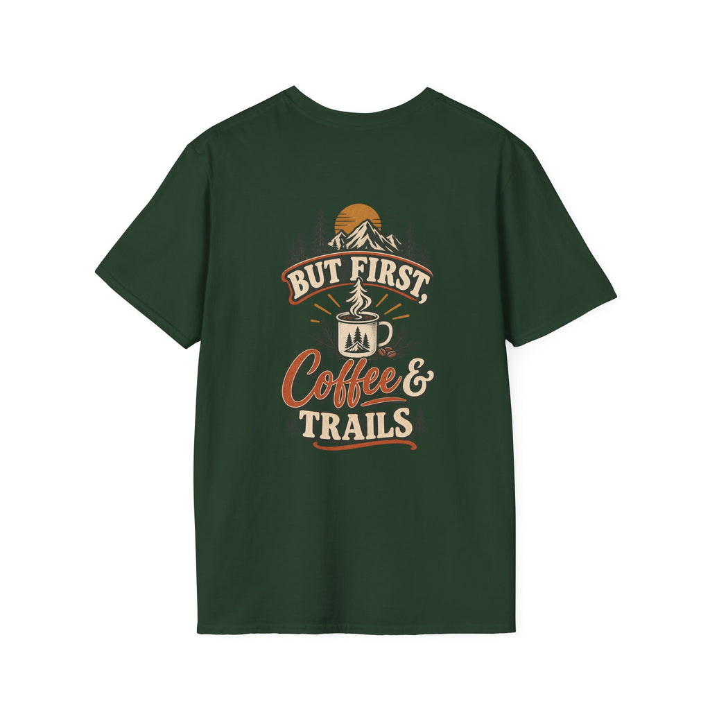 But First Coffee & Trails T-Shirt — Outdoor Coffee Lover Graphic Tee