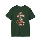 But First Coffee & Trails T-Shirt — Outdoor Coffee Lover Graphic Tee