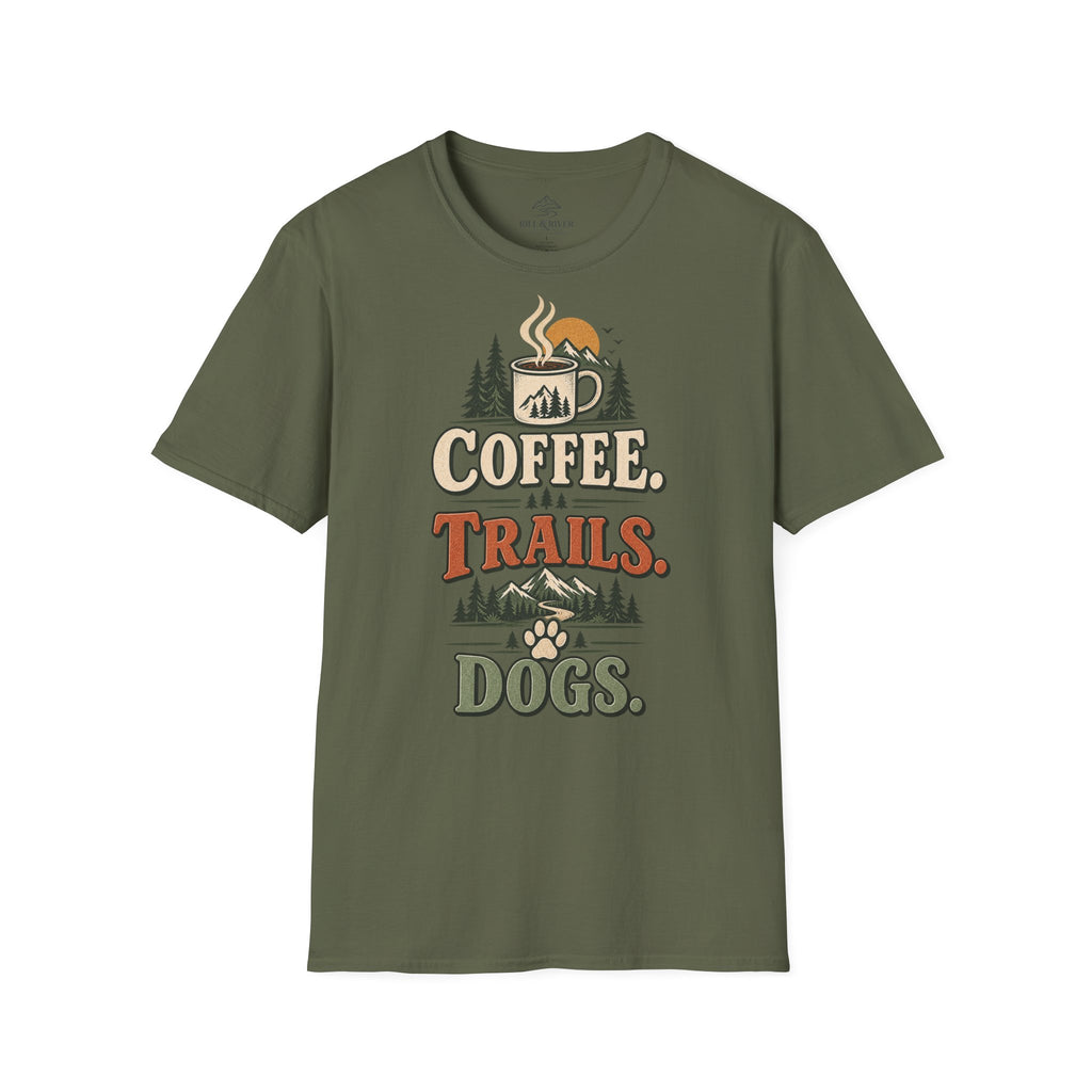 Coffee. Trails. Dogs. T-Shirt — Outdoor Coffee & Hiking Dog Tee