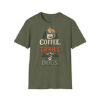 Coffee. Trails. Dogs. T-Shirt — Outdoor Coffee & Hiking Dog Tee