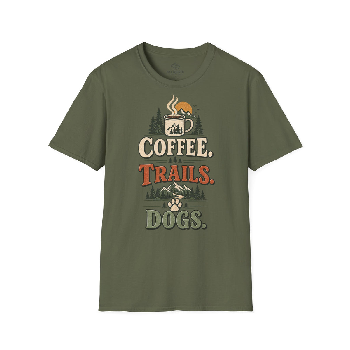 Coffee. Trails. Dogs. T-Shirt — Outdoor Coffee & Hiking Dog Tee