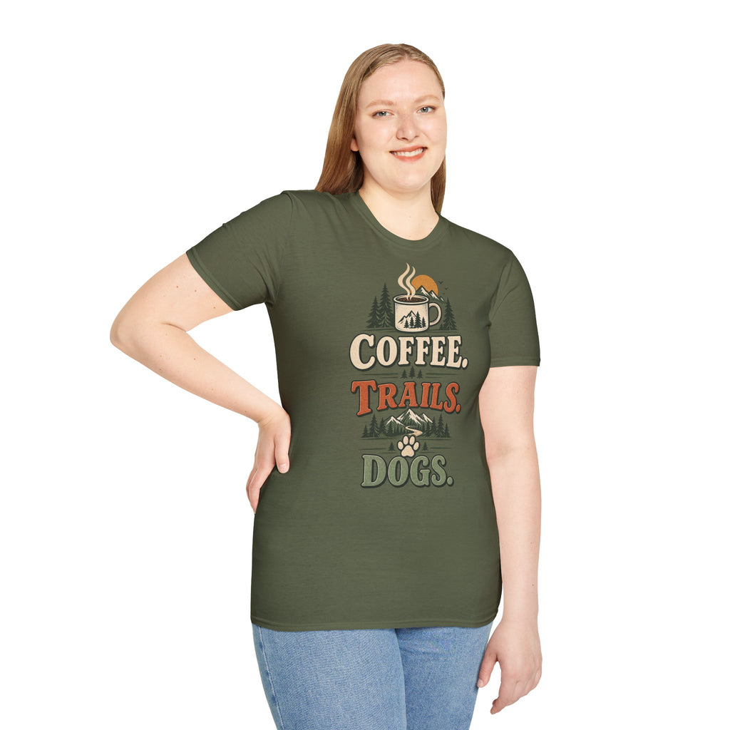Coffee. Trails. Dogs. T-Shirt — Outdoor Coffee & Hiking Dog Tee