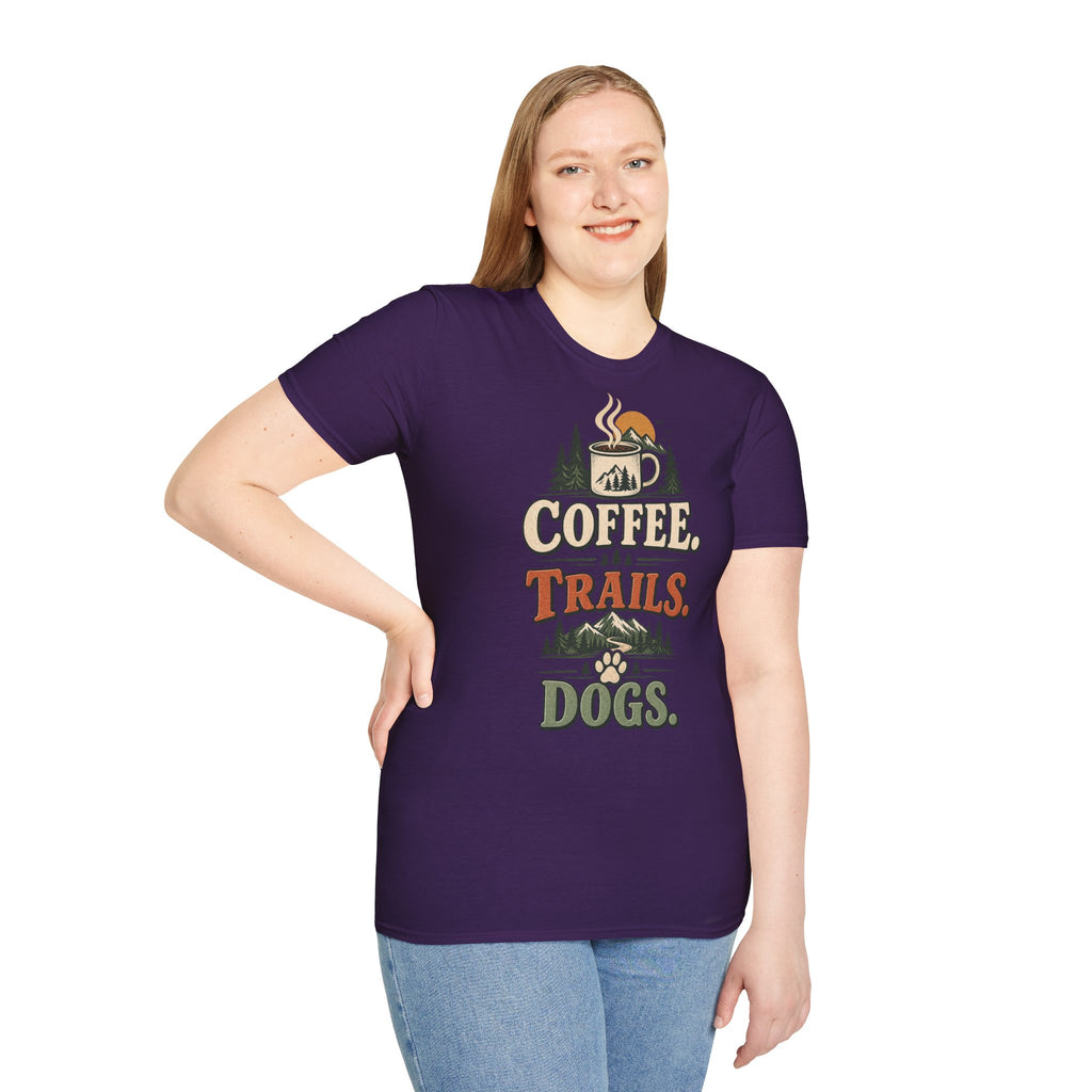 Coffee. Trails. Dogs. T-Shirt — Outdoor Coffee & Hiking Dog Tee