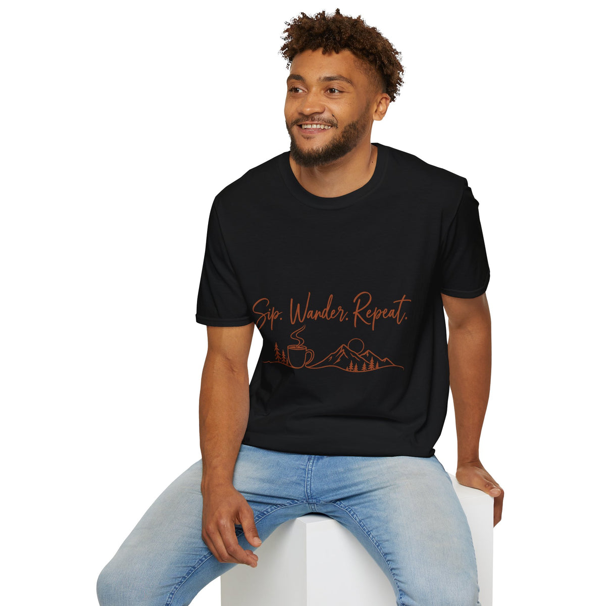 Sip, Wander, Repeat T-Shirt — Scenic Coffee & Mountain Travel Tee