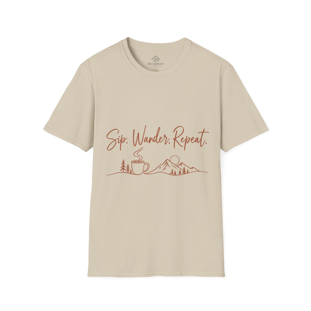 Sip, Wander, Repeat T-Shirt — Scenic Coffee & Mountain Travel Tee