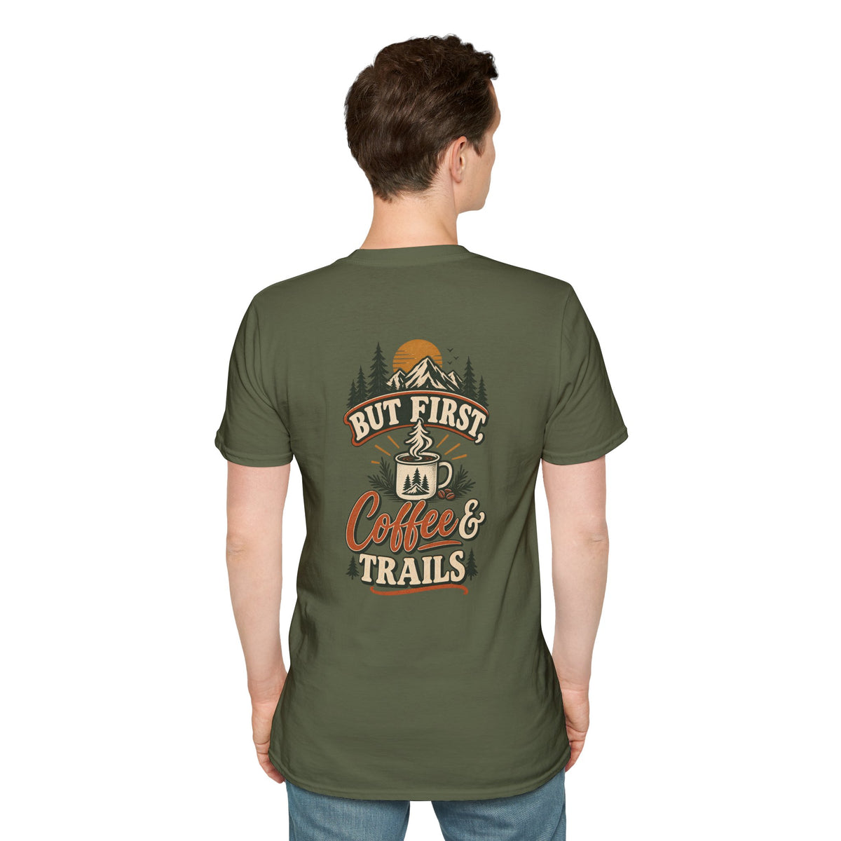 But First Coffee & Trails T-Shirt — Outdoor Coffee Lover Graphic Tee