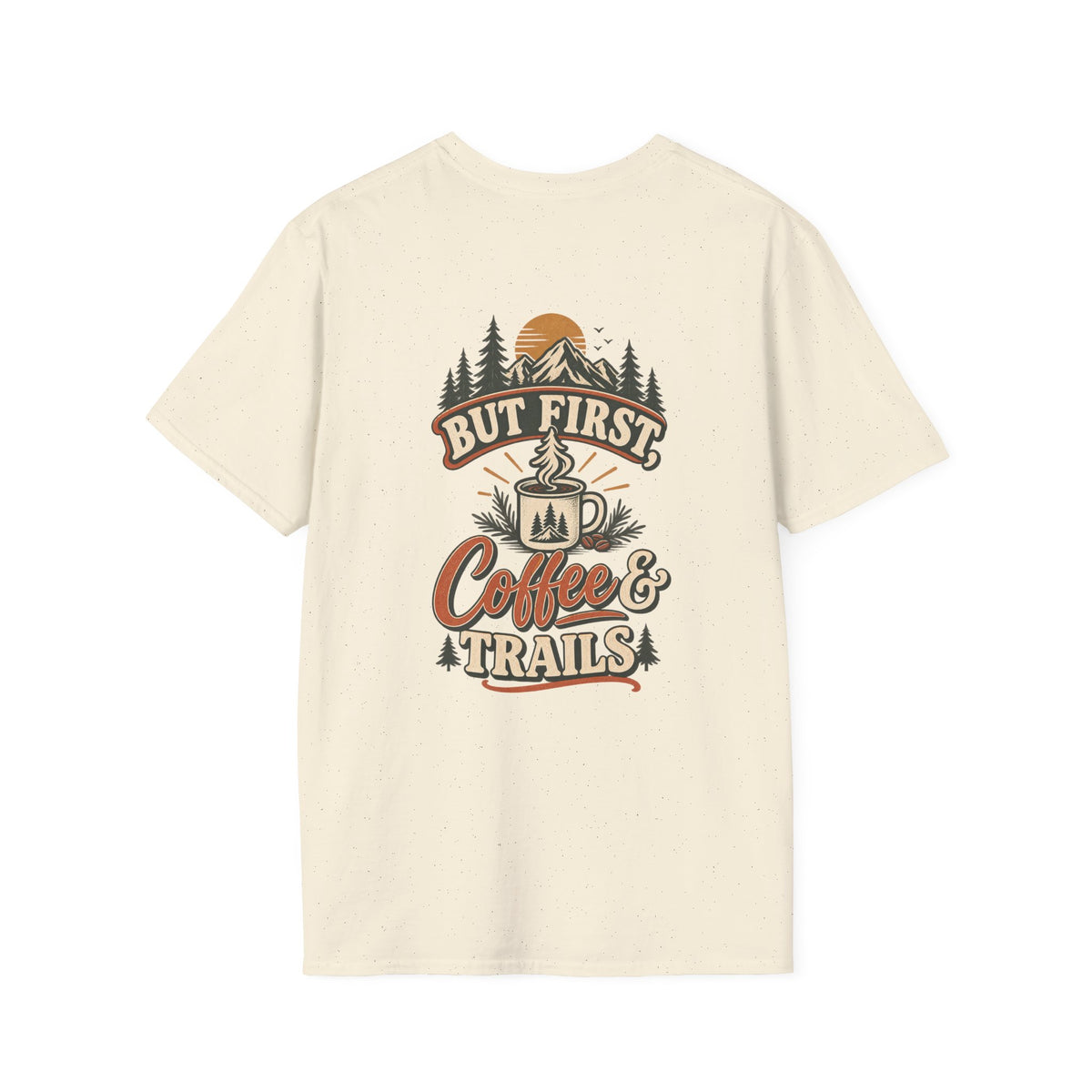 But First Coffee & Trails T-Shirt — Outdoor Coffee Lover Graphic Tee