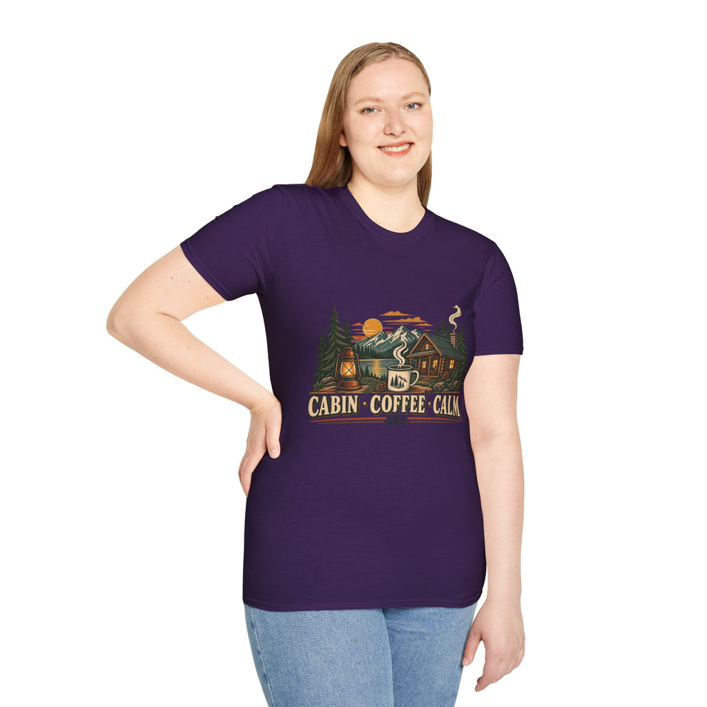 Cabin • Coffee • Calm T-Shirt — Rustic Cabin Coffee Graphic Tee