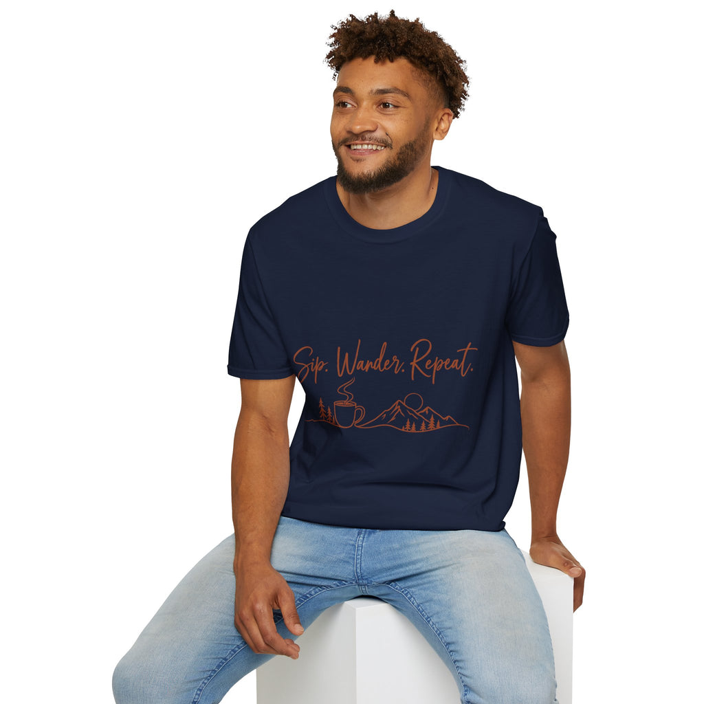 Sip, Wander, Repeat T-Shirt — Scenic Coffee & Mountain Travel Tee