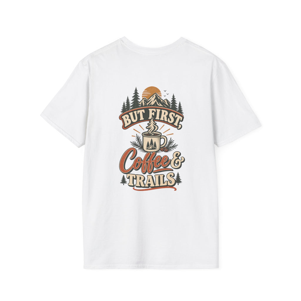 But First Coffee & Trails T-Shirt — Outdoor Coffee Lover Graphic Tee