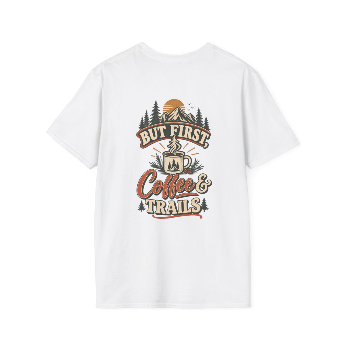 But First Coffee & Trails T-Shirt — Outdoor Coffee Lover Graphic Tee
