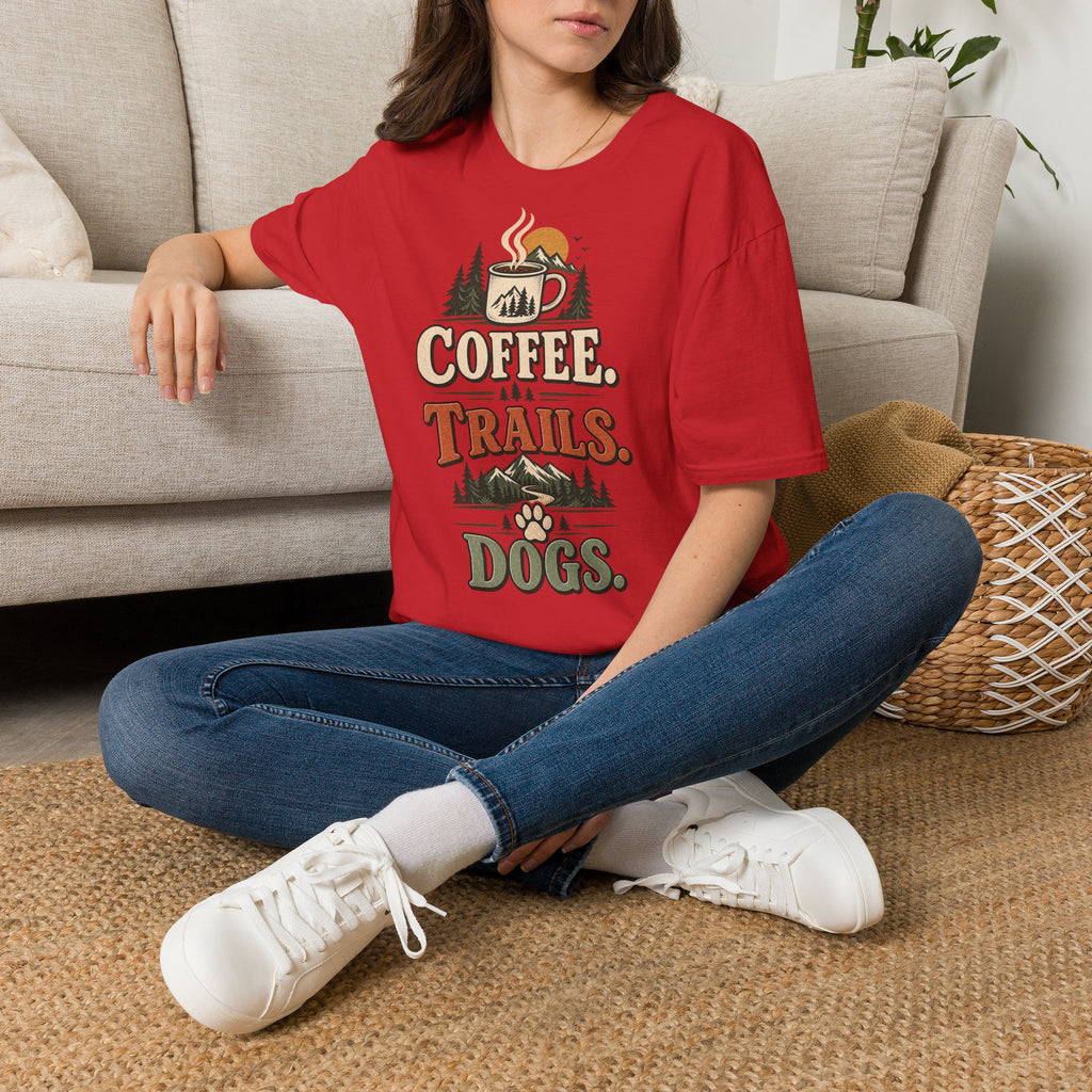 Coffee. Trails. Dogs. T-Shirt — Outdoor Coffee & Hiking Dog Tee