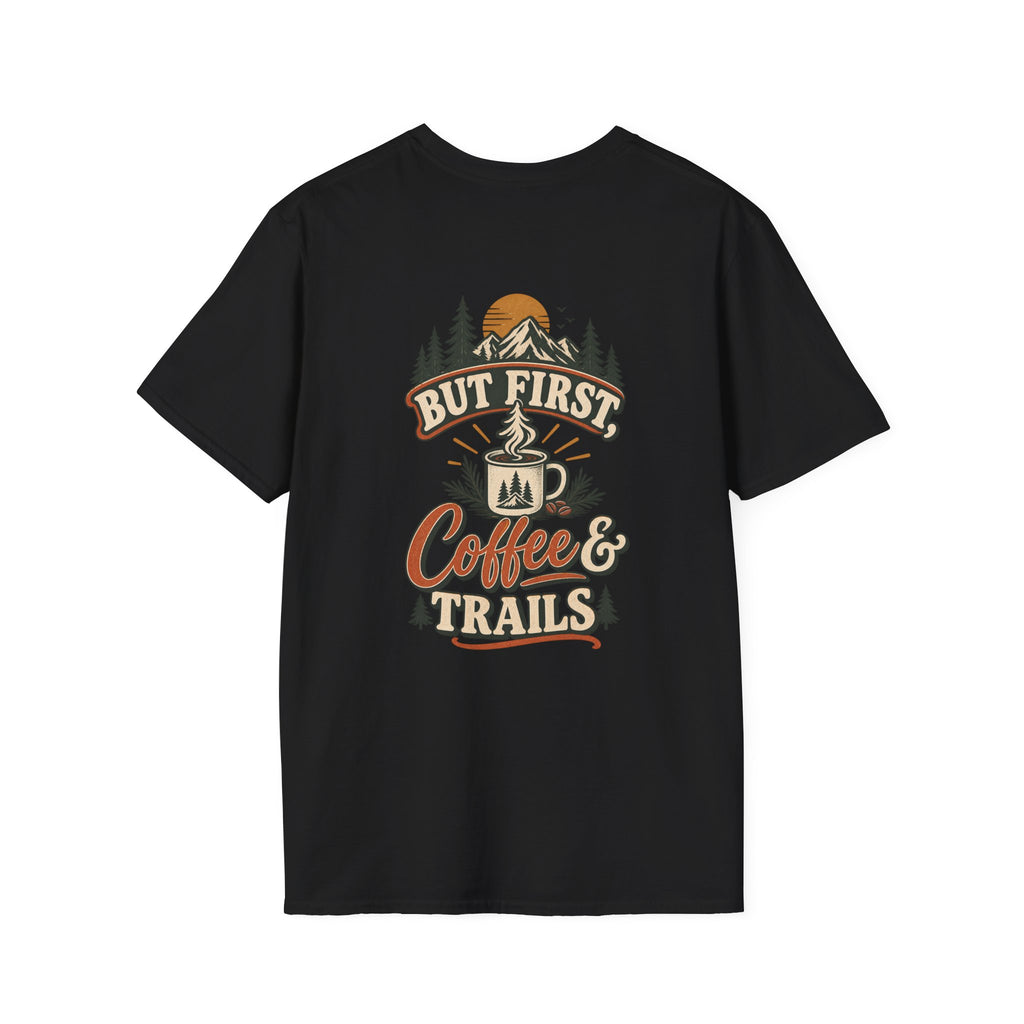 But First Coffee & Trails T-Shirt — Outdoor Coffee Lover Graphic Tee