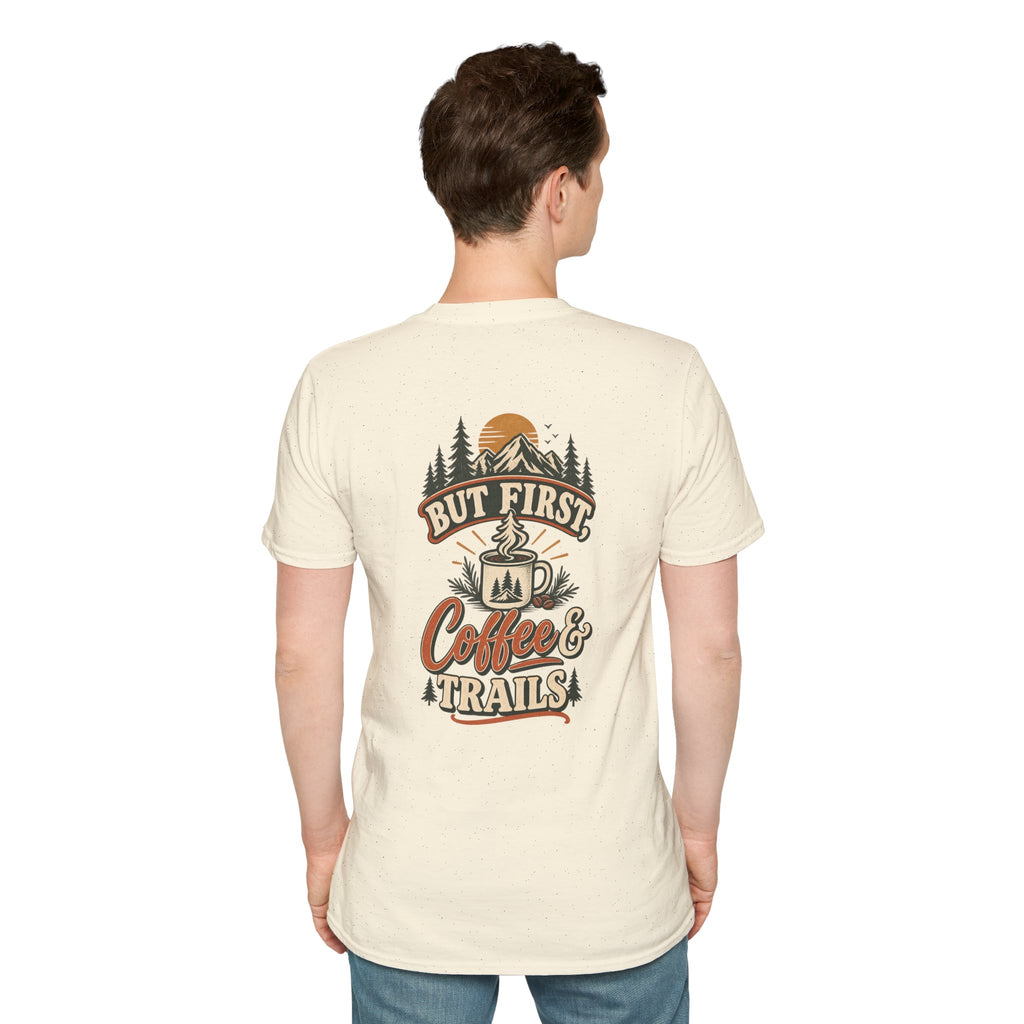 But First Coffee & Trails T-Shirt — Outdoor Coffee Lover Graphic Tee