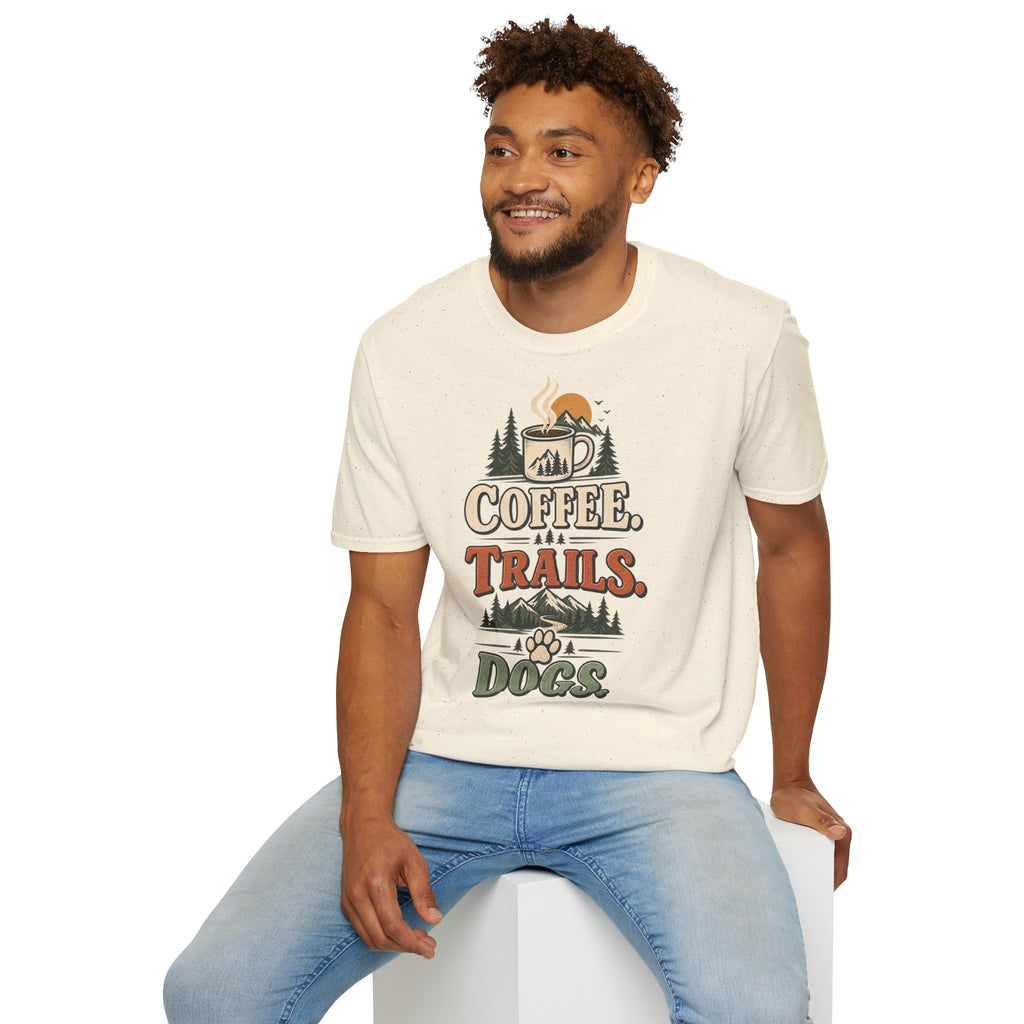 Coffee. Trails. Dogs. T-Shirt — Outdoor Coffee & Hiking Dog Tee