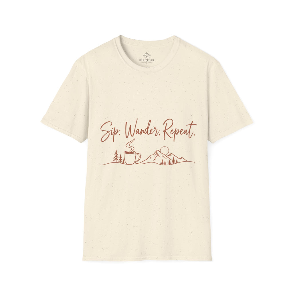 Sip, Wander, Repeat T-Shirt — Scenic Coffee & Mountain Travel Tee