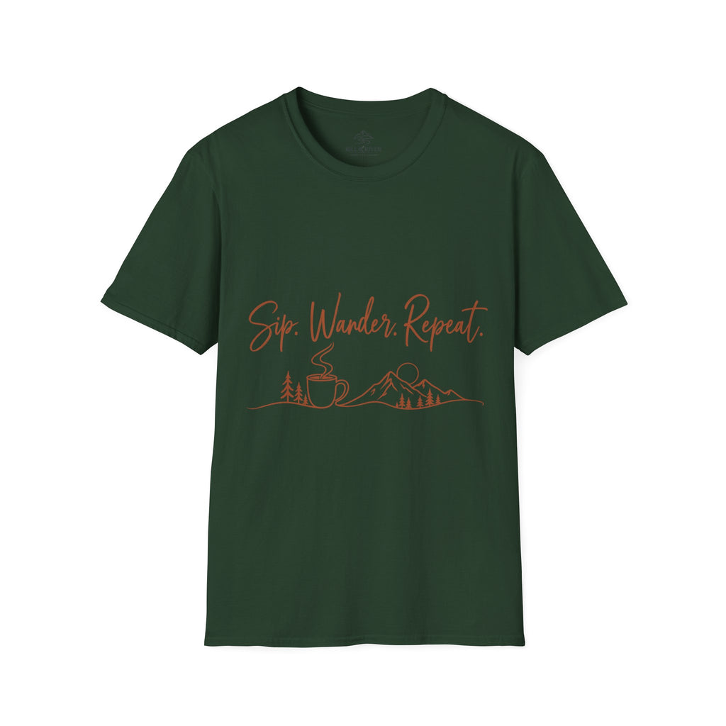 Sip, Wander, Repeat T-Shirt — Scenic Coffee & Mountain Travel Tee